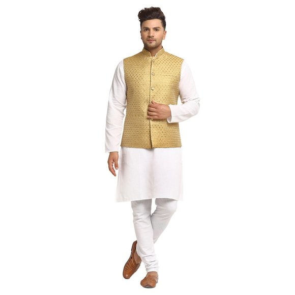 Sleeveless Traditional Brocade Silk Fabric Golden Nehru Jacket by Treemoda - Picture 5 of 5